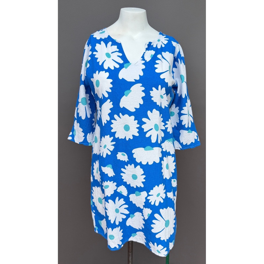 Blue White Daisy Floral Shift Dress Medium V-Neck 3/4 Sleeve Mod Retro 60s Mini
